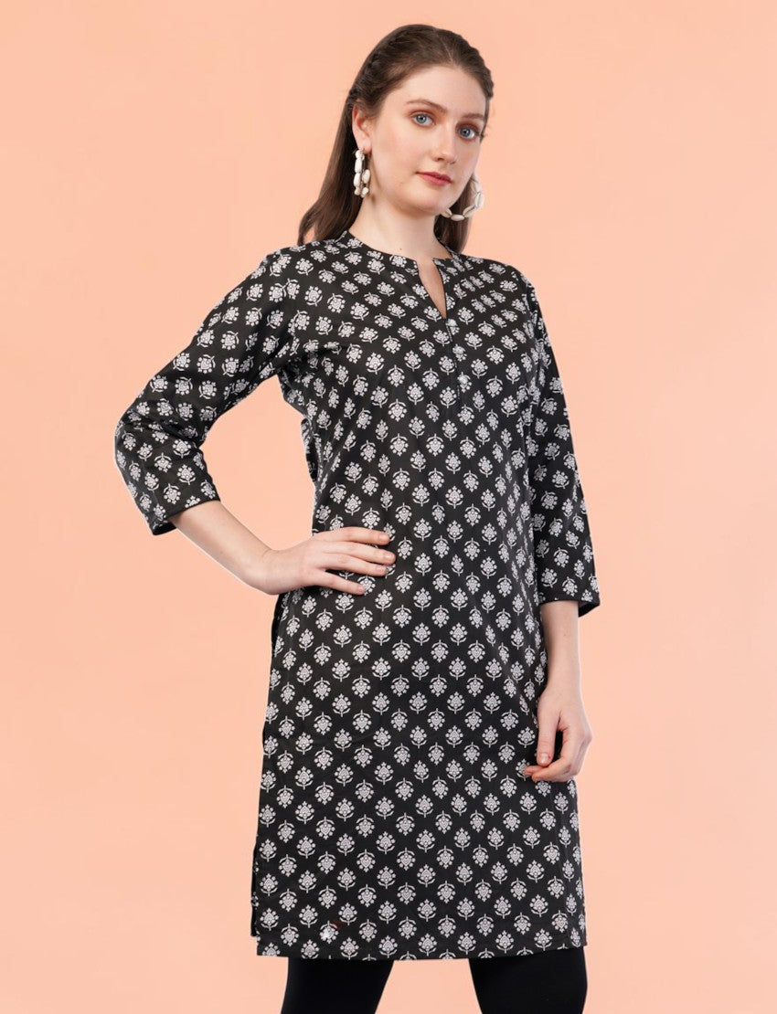 Eelika women's black and white floral cotton kurti with mandarin collar and 3/4 sleeves worn by a model