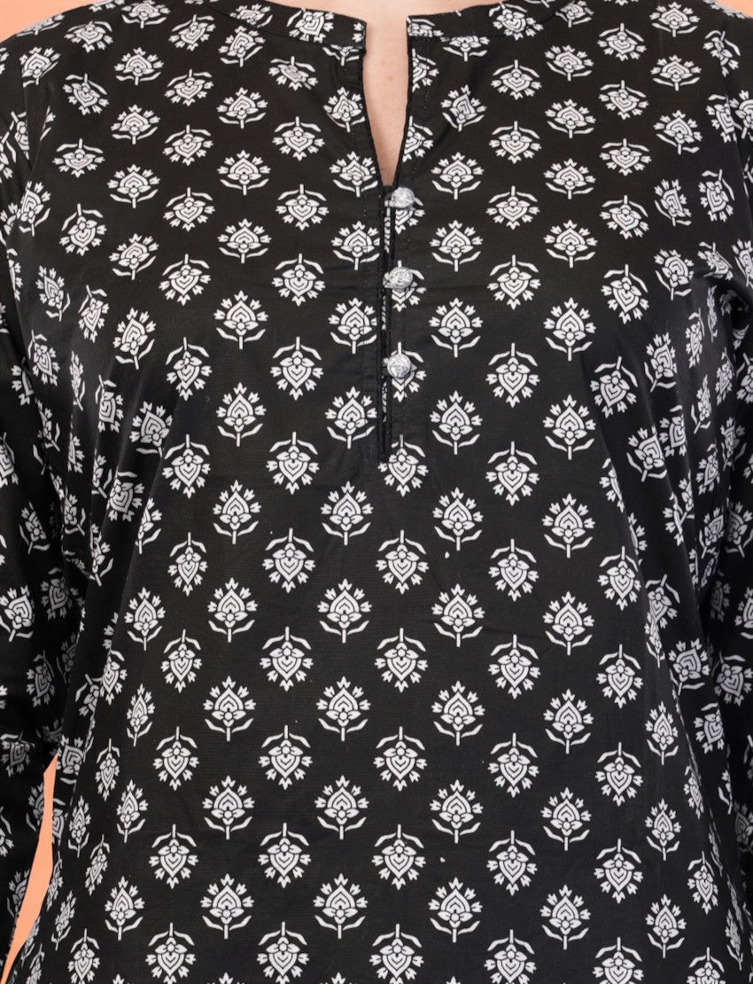 Eelika women's black and white floral cotton kurti with a mandarin collar and button detail