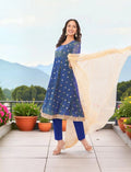 Eelika blue chiffon Anarkali kurta set with floral embroidery, 3/4 sleeves, and a matching beige dupatta on a model.