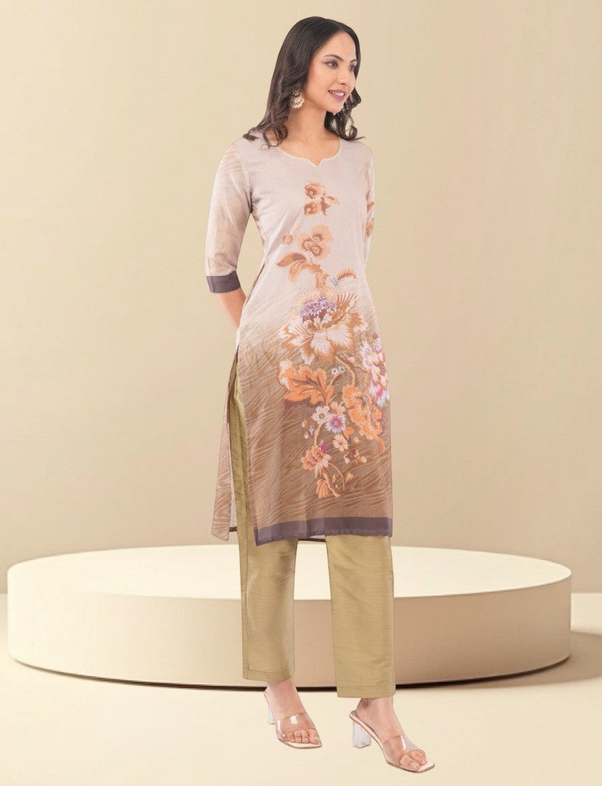 Eelika brown cotton calf-length salwar suit set with floral print, V-neck, and three-quarter sleeves on a model