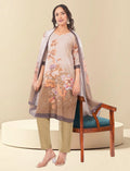Eelika brown cotton salwar suit set with floral print, V-neck, three-quarter sleeves, and matching dupatta