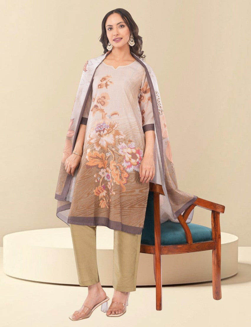Eelika brown cotton salwar suit set with floral print, V-neck, three-quarter sleeves, and matching dupatta