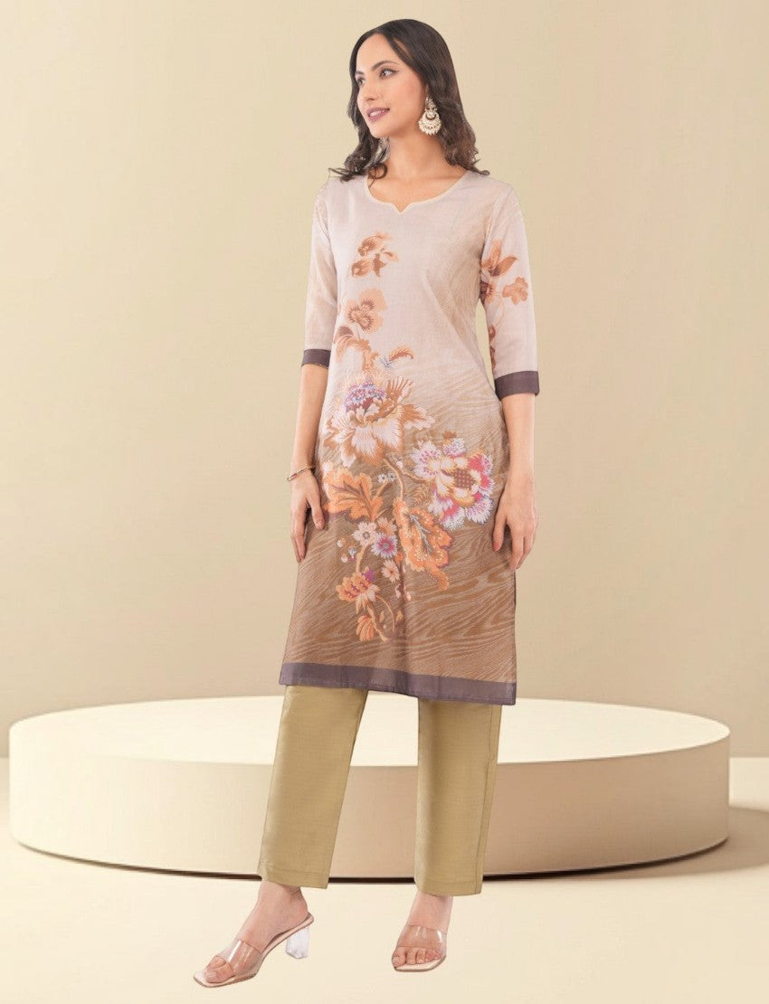 Eelika women's brown cotton calf-length straight kurta with floral print, V-neck, 3/4 sleeves, and matching trousers.