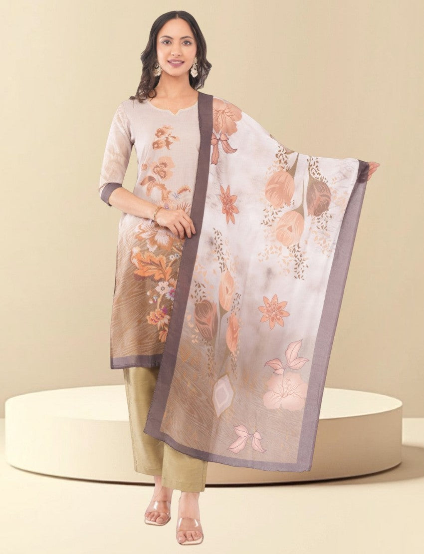 Eelika women's brown floral printed cotton salwar suit set with V-neck, three-quarter sleeves, and matching dupatta