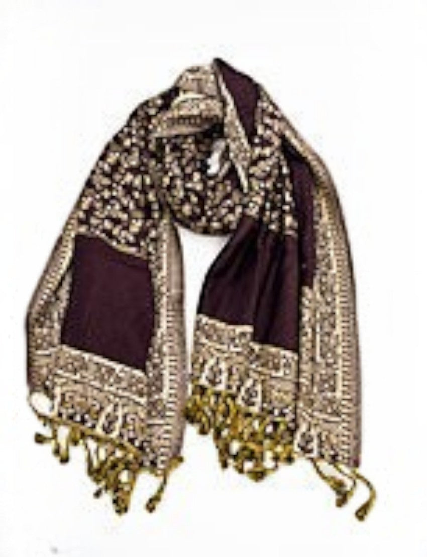 Eelika brown wool viscose stole with traditional paisley border and decorative golden tassels