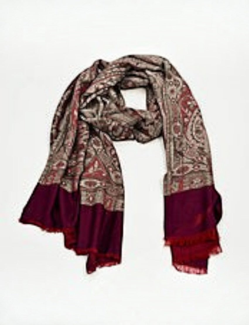 Eelika silk-pashmina stole featuring a burgundy and grey paisley pattern with a solid fringed border