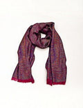 Eelika burgundy silk-pashmina stole with a multicolored paisley pattern and elegant fringe detail.
