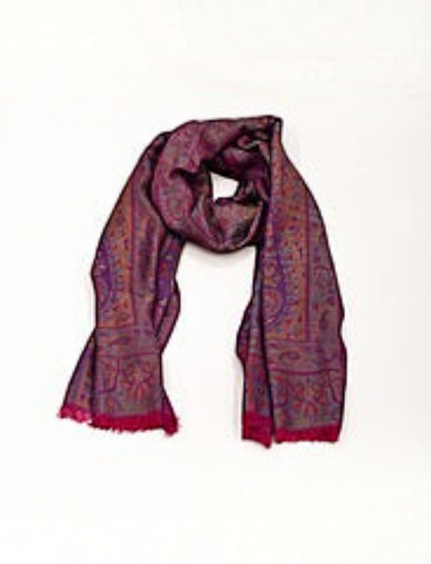 Eelika burgundy silk-pashmina stole with a multicolored paisley pattern and elegant fringe detail.