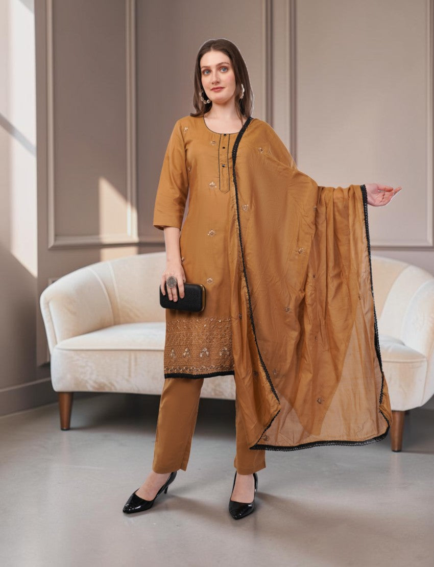 Eelika caramel brown cotton salwar suit set with 3/4 sleeves, intricate embroidery, and a matching dupatta