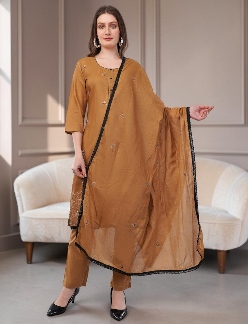 Eelika caramel brown cotton salwar suit set with 3/4 sleeves, black border trim, and matching dupatta