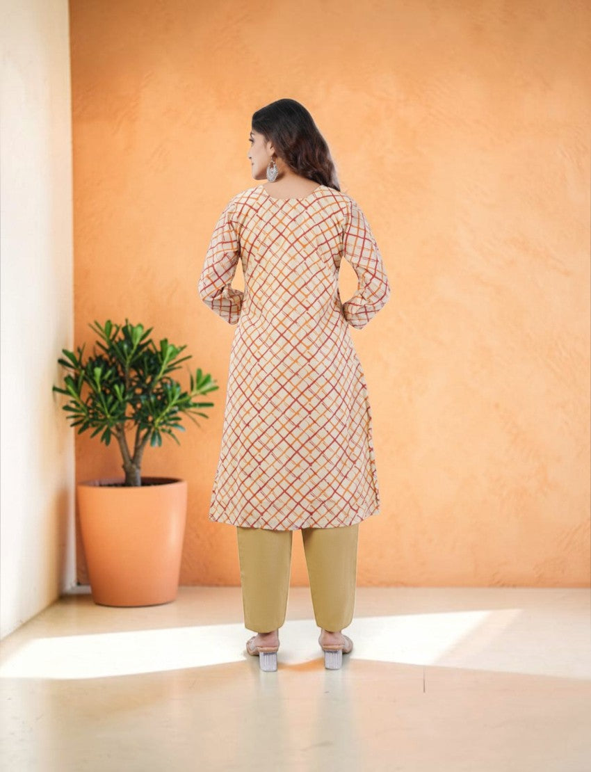 Eelika beige and orange checkered organza salwar suit with 3/4th sleeves and cotton trousers, back view