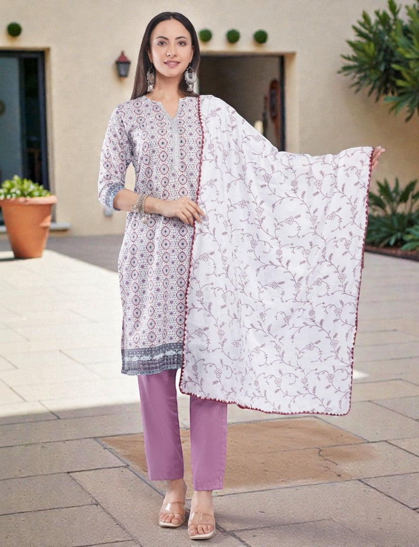 Eelika women's cotton printed kurta with V-neck, 3/4th sleeves, matching trousers, and embroidered dupatta set