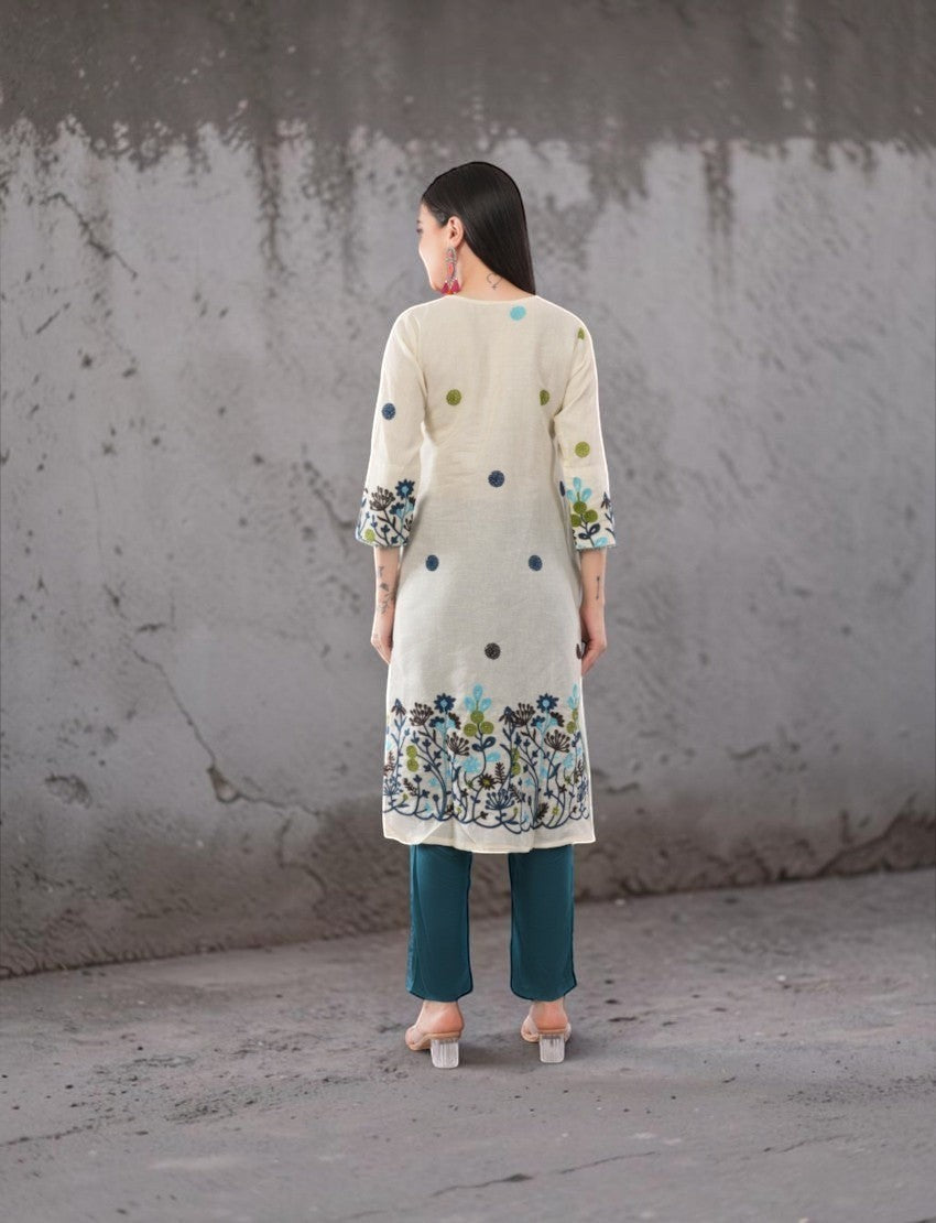 Eelika cotton salwar suit set featuring a cream printed calf-length kurta with blue embroidery and teal trousers