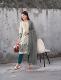 Eelika cotton salwar suit set with embroidered calf-length kurta, teal trousers, and a grey dupatta