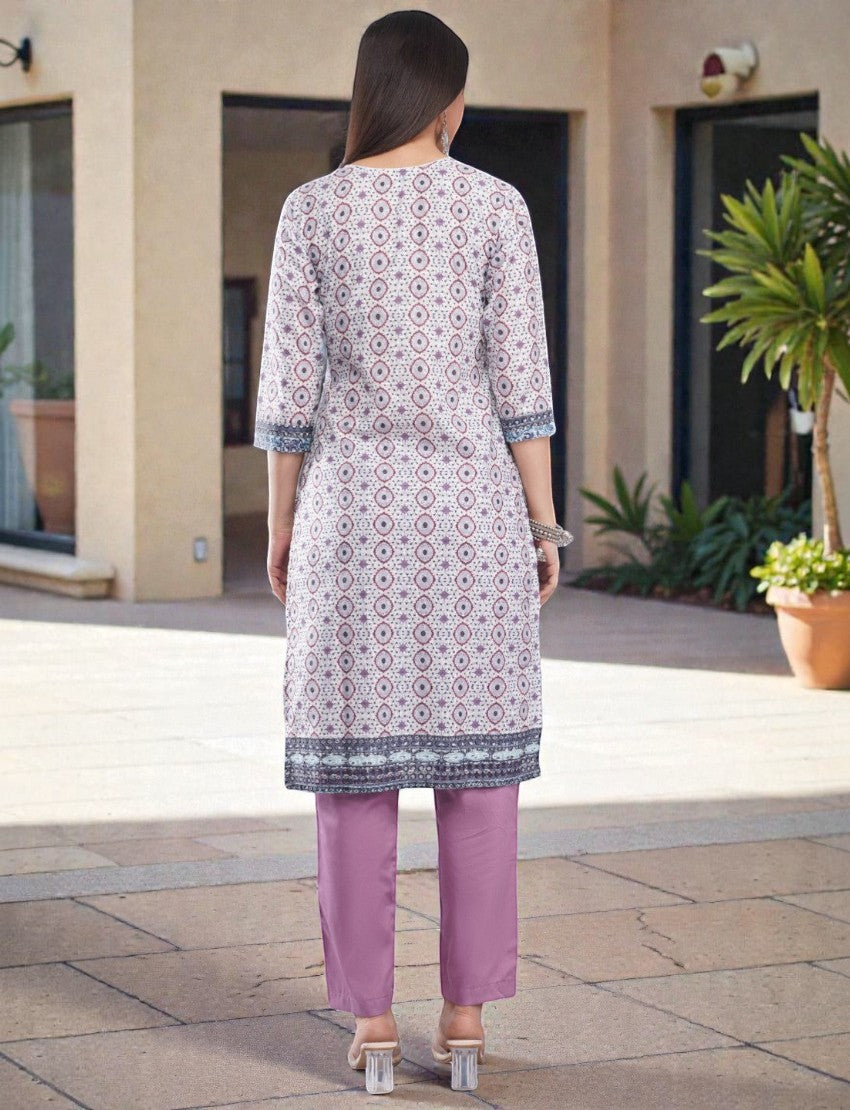 Eelika women's cotton kurta salwar suit set with printed calf-length top, 3/4 sleeves, and solid mauve trousers
