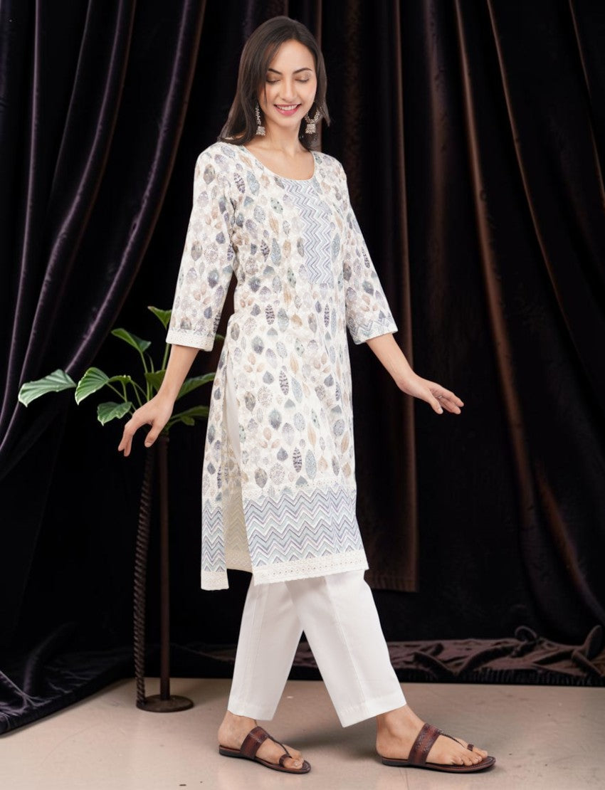 Eelika cotton salwar suit set featuring a knee-length printed leaf pattern kurta with embroidery and white trousers