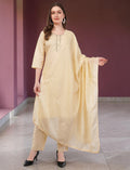 Eelika cream cotton salwar suit set with 3/4 sleeve kurta, matching trousers, and embroidered dupatta