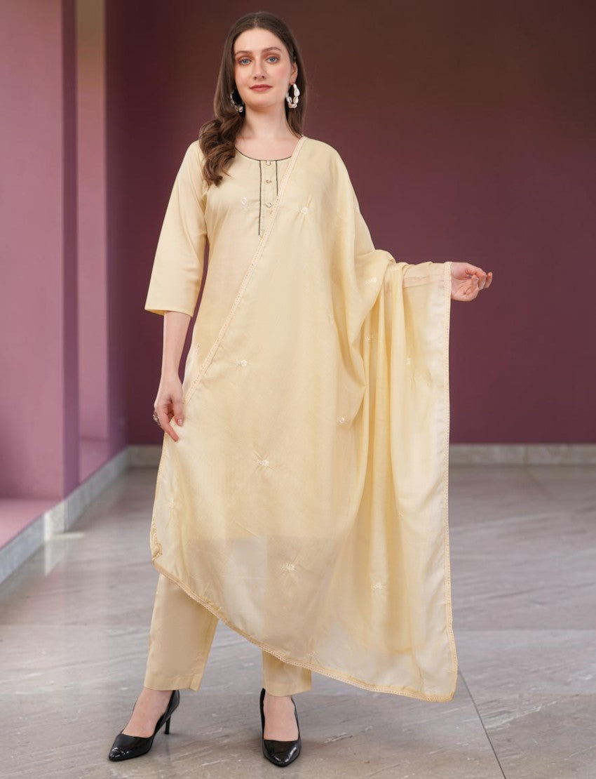 Eelika cream cotton salwar suit set with 3/4 sleeve kurta, matching trousers, and embroidered dupatta