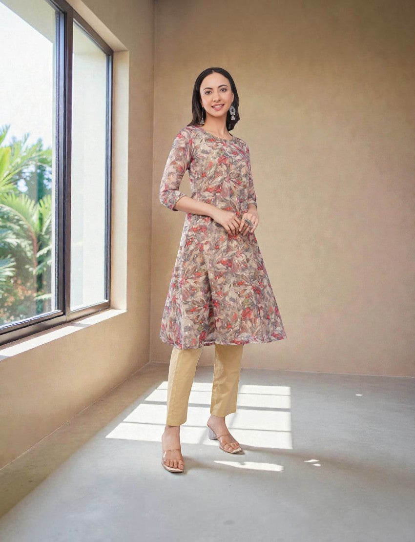 Eelika floral printed cotton Anarkali kurta with beige straight trousers and 3/4th sleeves worn by a model