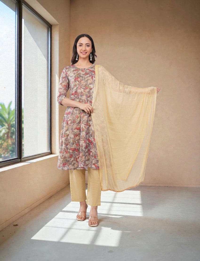 Eelika floral printed cotton Anarkali kurta with beige straight trousers and a matching dupatta on a model