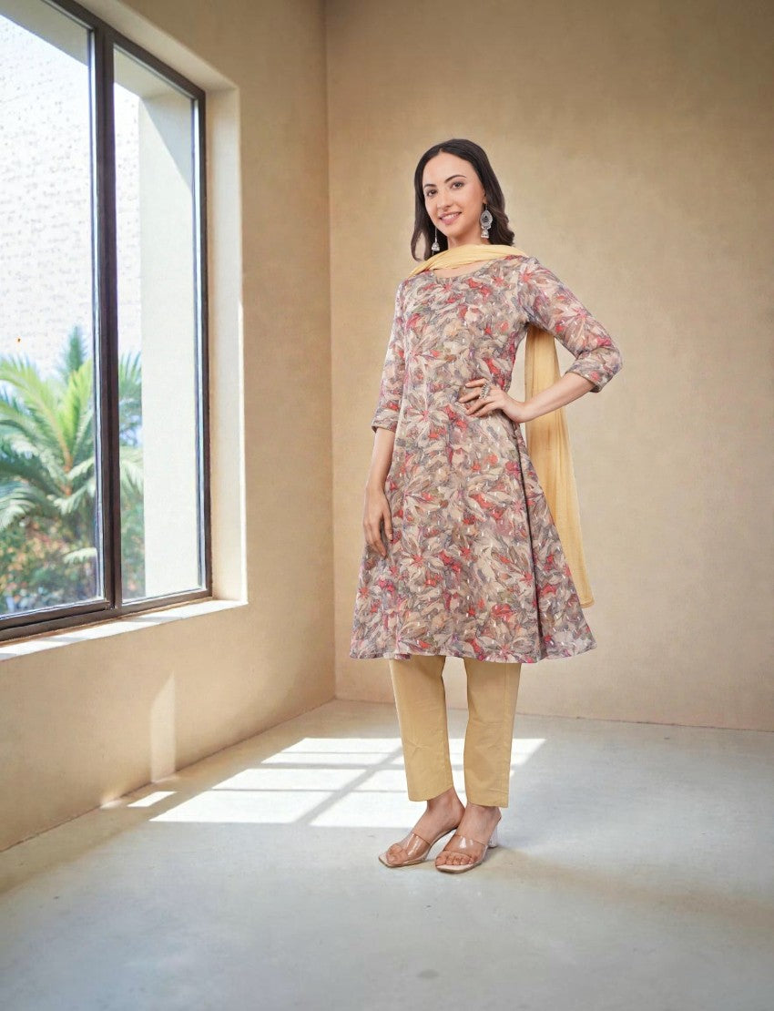 Eelika floral printed cotton Anarkali kurta with beige trousers and matching dupatta worn by a model