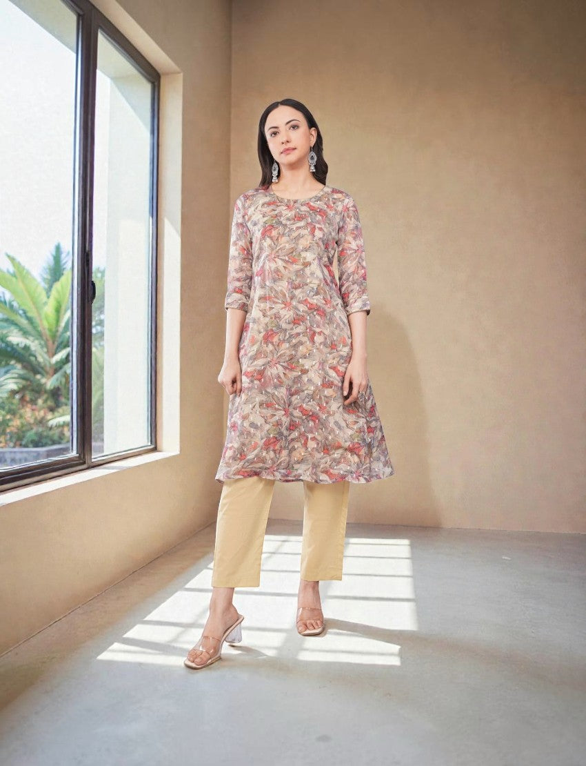 Eelika floral printed cotton Anarkali kurta with beige trousers and 3/4th sleeves worn by a model