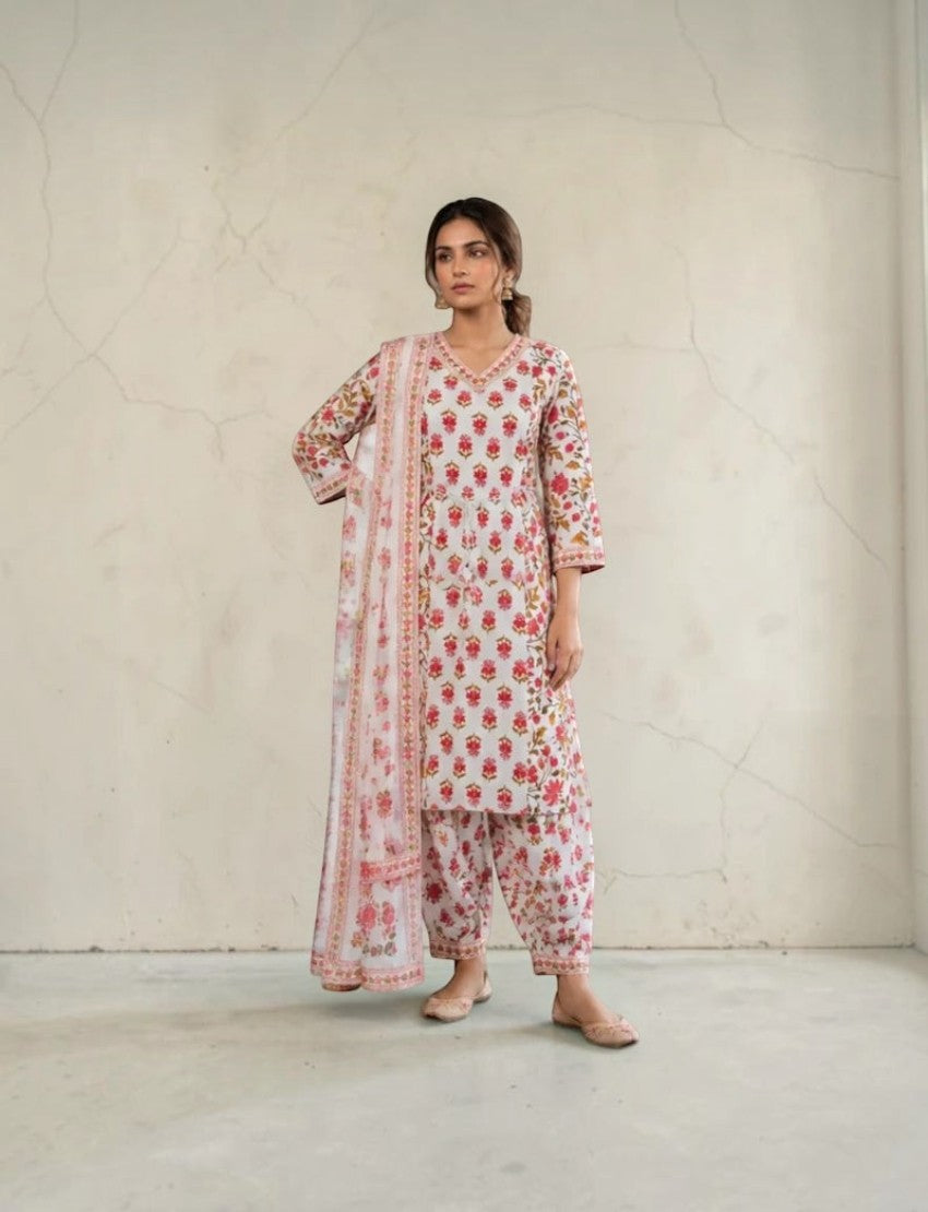 Eelika cotton salwar suit set featuring a V-neck floral print calf-length kurta, matching trousers, and a dupatta.