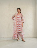 Eelika cotton salwar suit set featuring a floral print, V-neckline, 3/4 sleeves, and matching dupatta