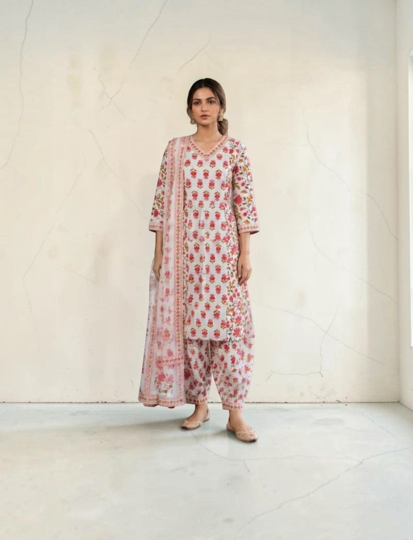 Model wearing an Eelika cotton salwar suit set with floral print, V-neck, 3/4 sleeves, and matching dupatta.