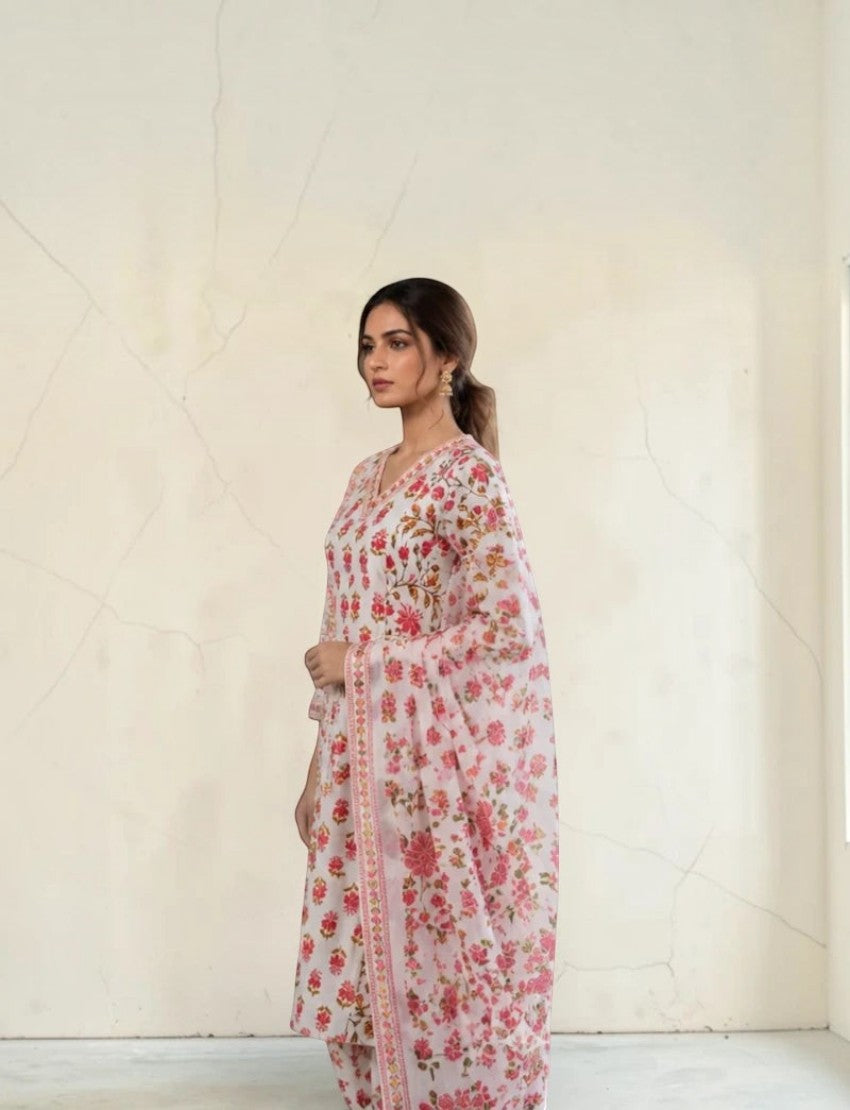 Eelika cotton salwar suit set featuring a white calf-length kurta with pink floral print, V-neck, and matching dupatta
