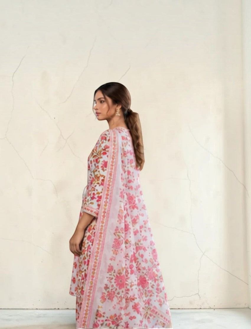 Eelika cotton salwar suit set featuring a floral print, V-collar, 3/4th sleeves, and a matching dupatta.