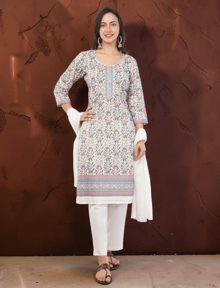 Eelika floral print cotton salwar suit with 3/4 sleeves, embroidered round neck, and matching white trouser and dupatta