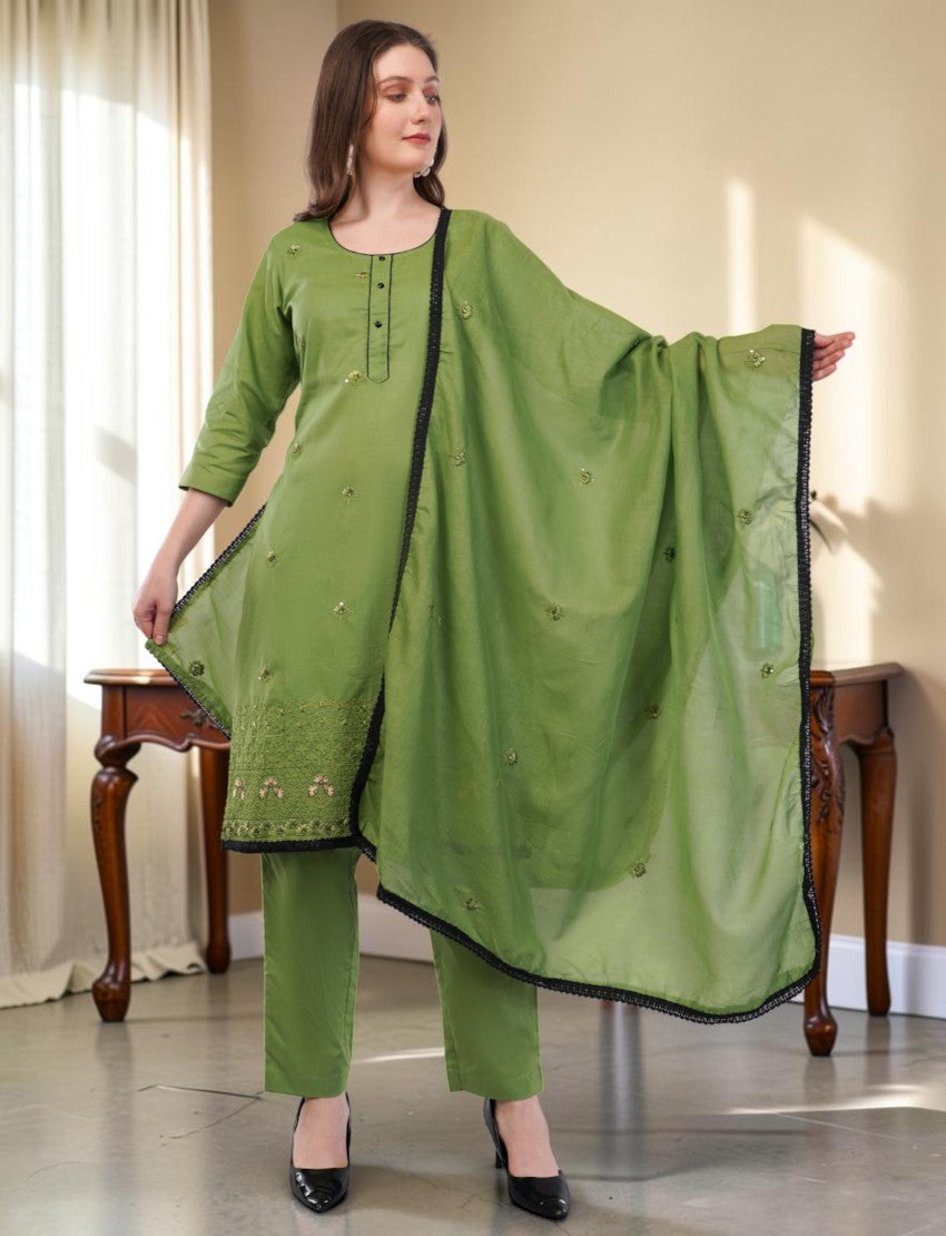 Eelika green cotton salwar suit set with embroidery, 3/4th sleeves, and a matching dupatta with black lace trim