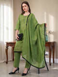 Eelika green cotton salwar suit set with embroidered knee-length top, trousers, and dupatta with black lace trim