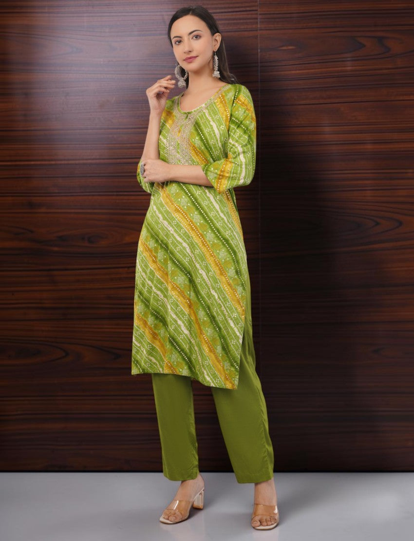 Eelika green and yellow Bandhani print cotton kurta set with 3/4 sleeves, embroidery, and matching trousers