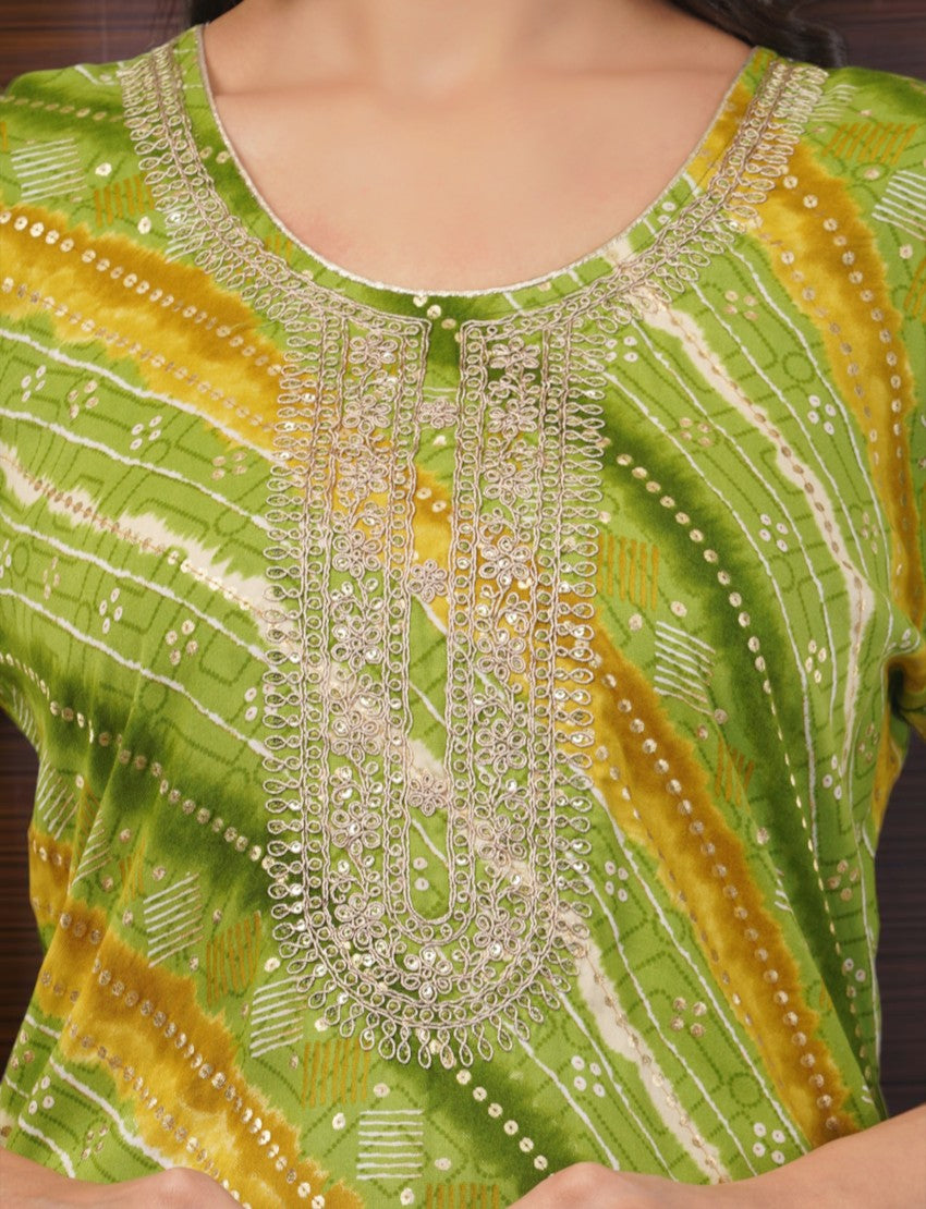 Eelika green and yellow Bandhani print cotton kurta with intricate silver embroidery around the round neckline