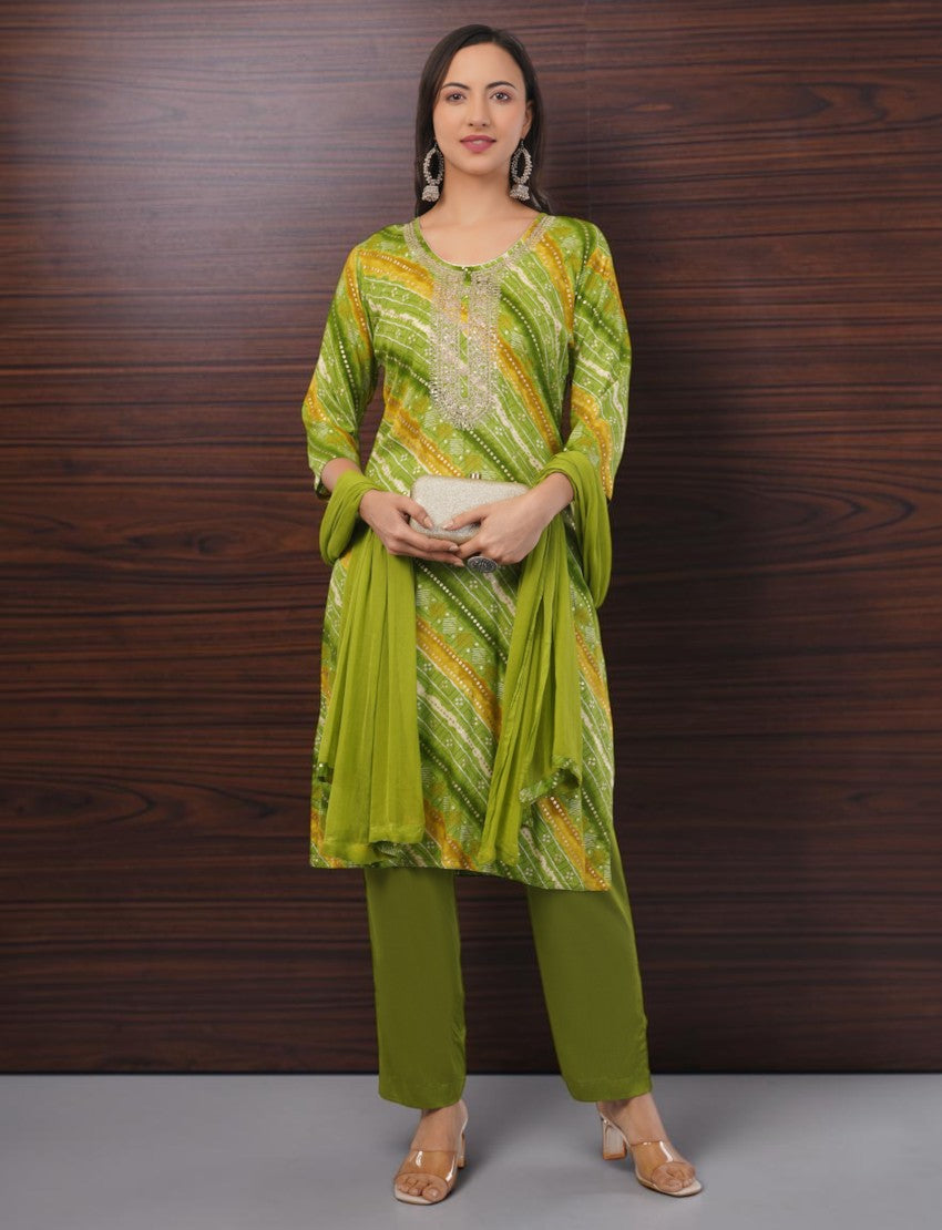 Eelika green and yellow Bandhani print cotton salwar suit set with embroidered knee-length kurta and matching trousers