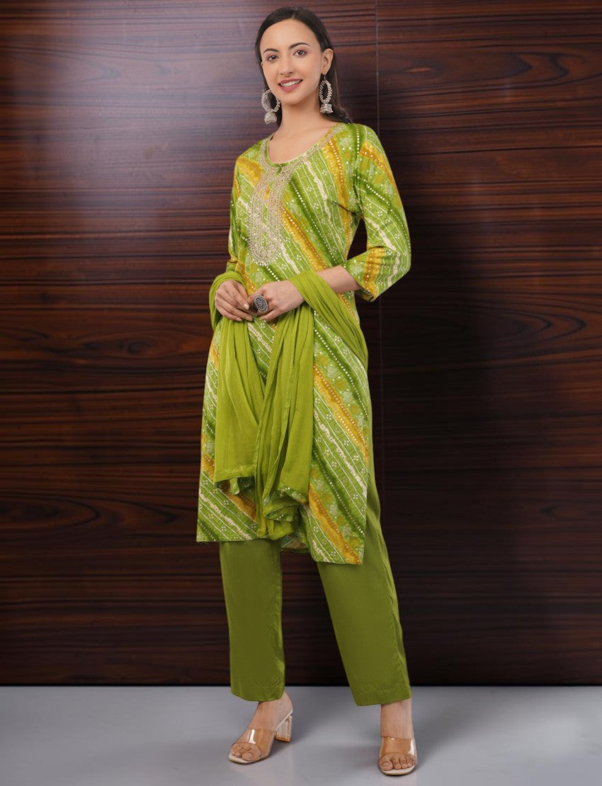Eelika green and yellow cotton Bandhani print kurta set with 3/4 sleeves, matching trousers, and a solid dupatta.