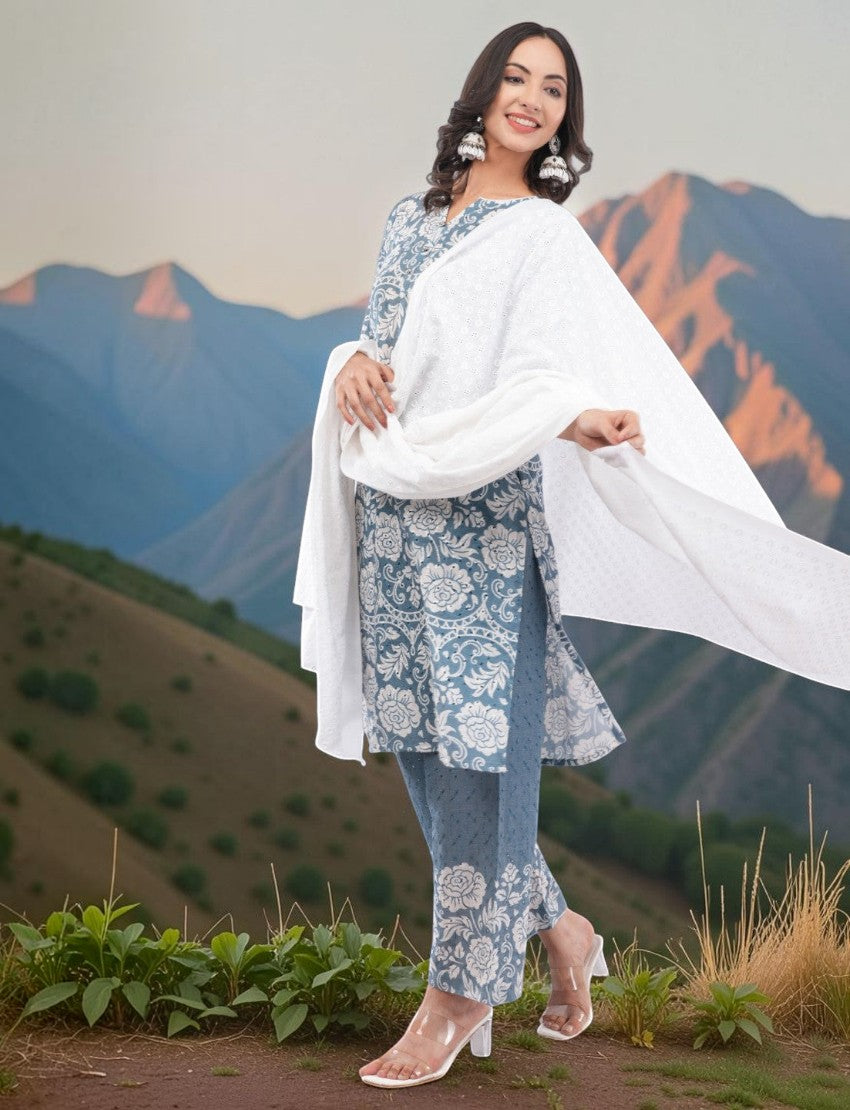 Eelika grey cotton chikankari salwar suit set with floral print, V-neck, 3/4th sleeves, and white dupatta