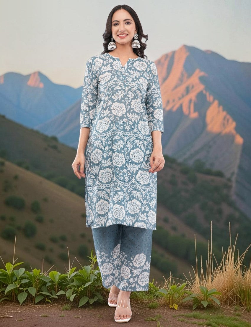 Eelika grey cotton chikankari salwar suit set with floral print, V-neck, 3/4 sleeves, and matching trousers