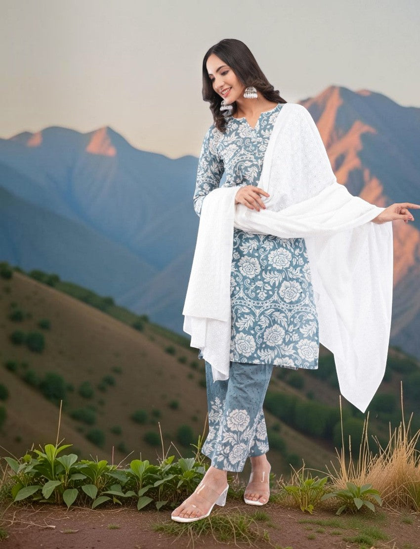 Eelika grey cotton salwar suit set with white floral chikankari embroidery, V-neck, 3/4 sleeves, and white dupatta.