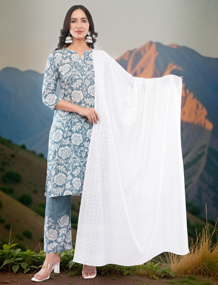 Eelika grey cotton chikankari salwar suit set with floral print, V-neck, 3/4 sleeves, and a white embroidered dupatta.