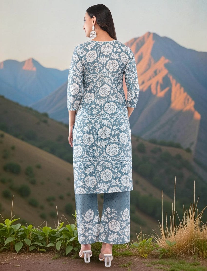 Eelika grey cotton salwar suit set with white floral chikankari embroidery, 3/4 sleeves, and matching trousers