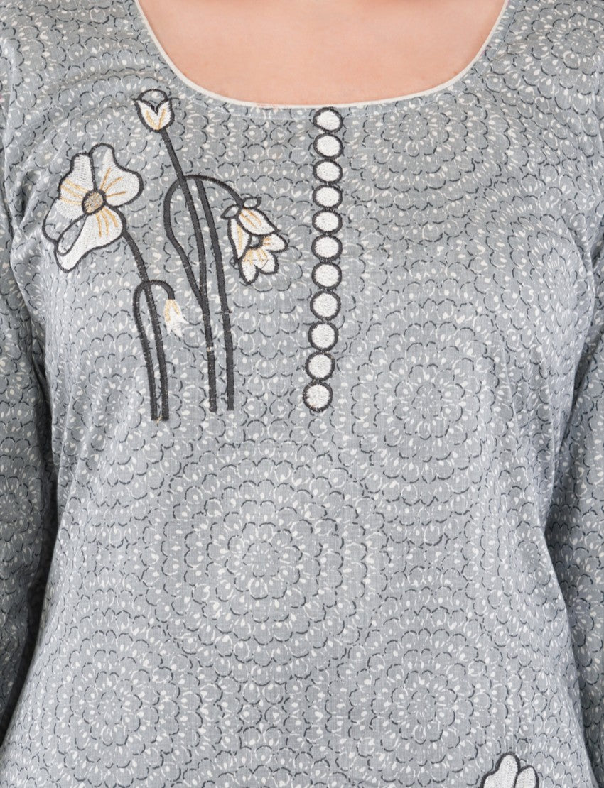 Eelika grey cotton salwar suit kurta featuring a round neck, 3/4th sleeves, and white floral geometric print detail