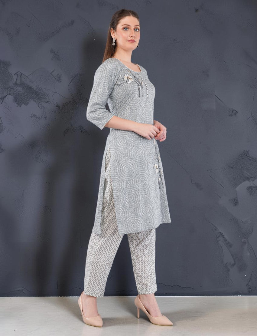 Eelika grey cotton salwar suit set featuring a calf-length printed kurta with geometric patterns and matching trousers