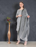 Eelika women's grey cotton salwar suit set featuring a printed calf-length kurta with geometric patterns and dupatta