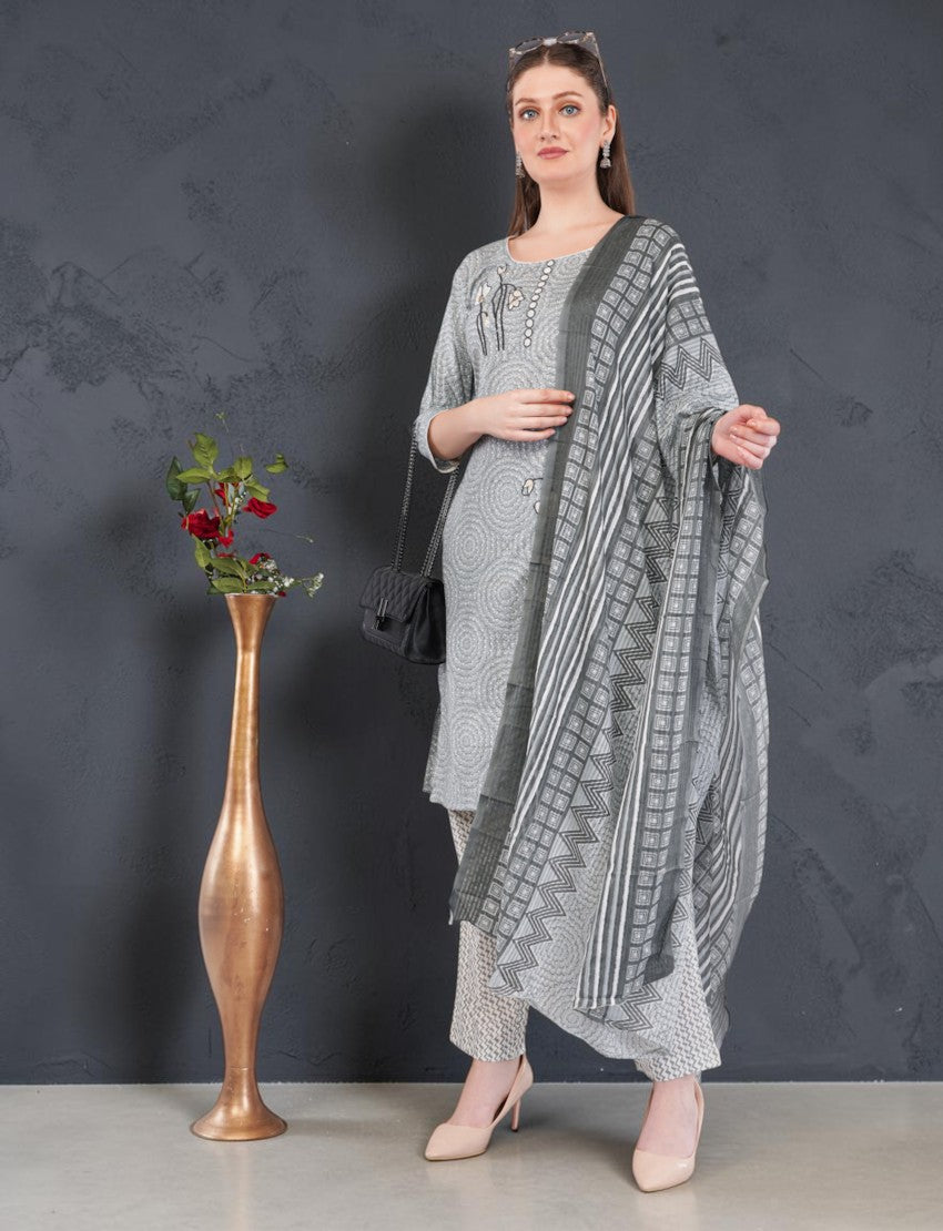 Eelika women's grey cotton salwar suit set featuring a printed calf-length kurta with geometric patterns and dupatta