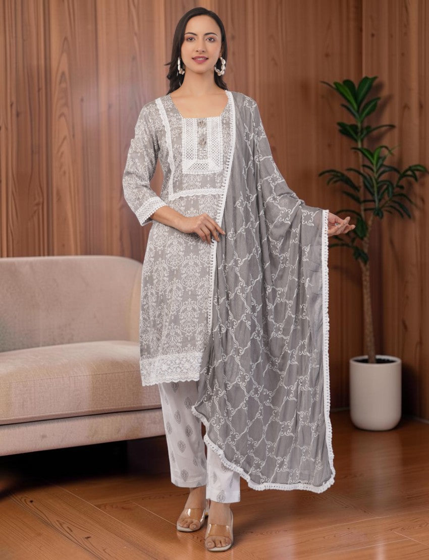 Eelika grey and white cotton salwar suit set with square neck, 3/4th sleeves, lace embroidery, and matching dupatta