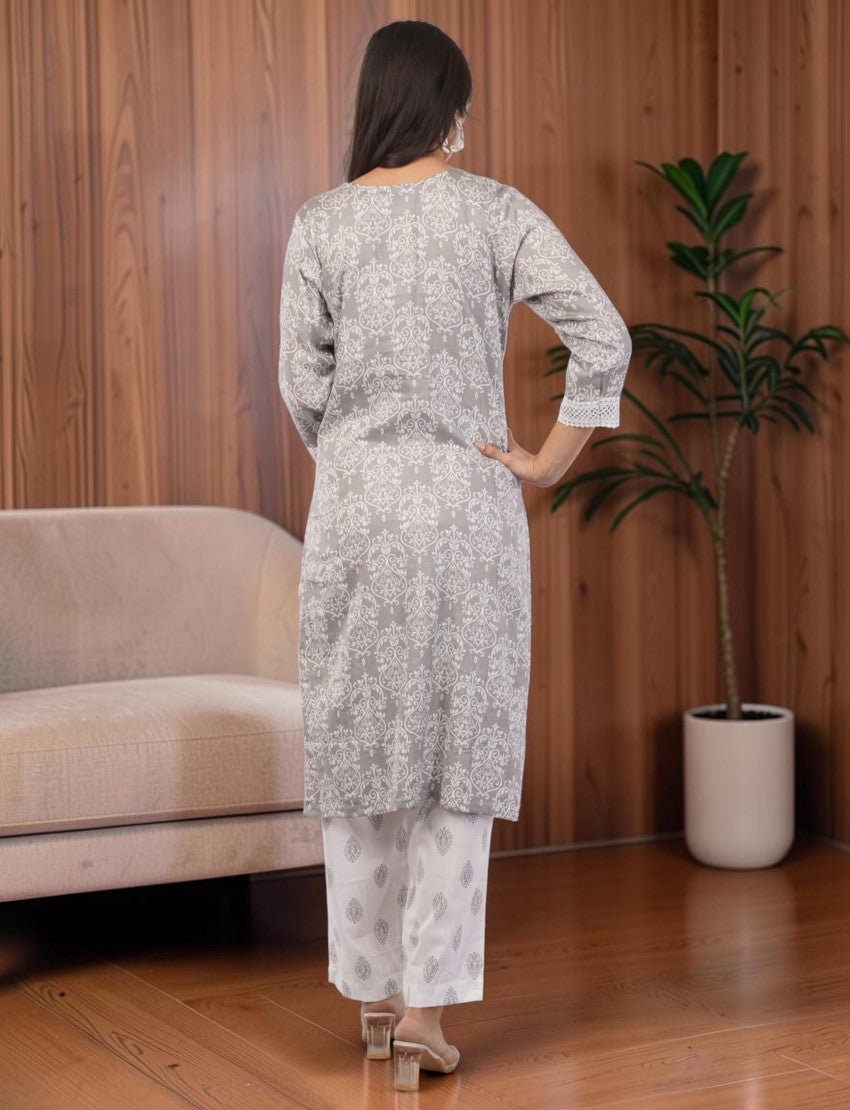 Eelika grey and white printed cotton salwar suit set with 3/4 sleeves and lace trim, back view