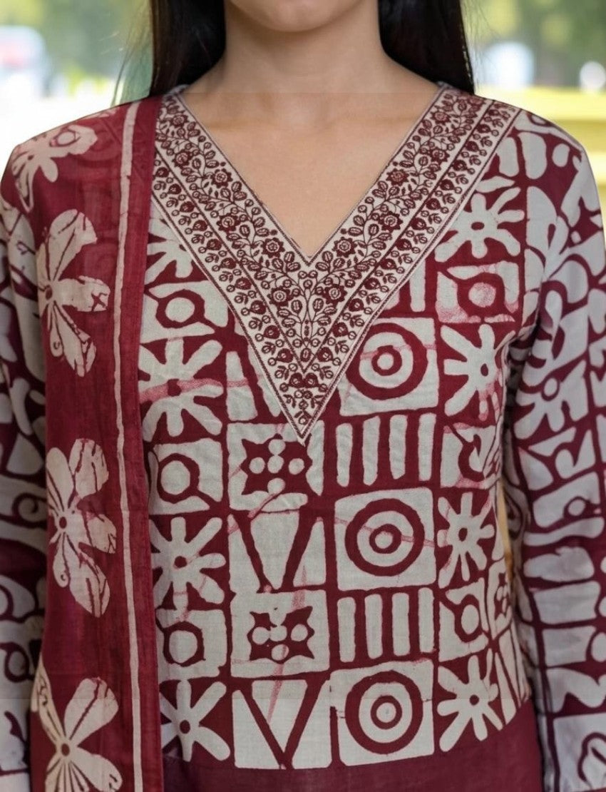 Eelika cotton salwar suit set featuring a maroon and white geometric block print with a V-neck and matching dupatta